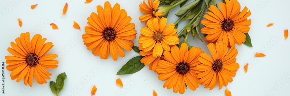 Fototapeta premium Overlapping orange flowers on a light blue surface with some scattered green leaves for added depth, layered composition, overlapping blooms, colorful flowers