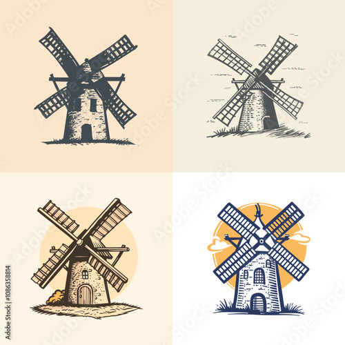 Windmill in farmland logo design vector vintage