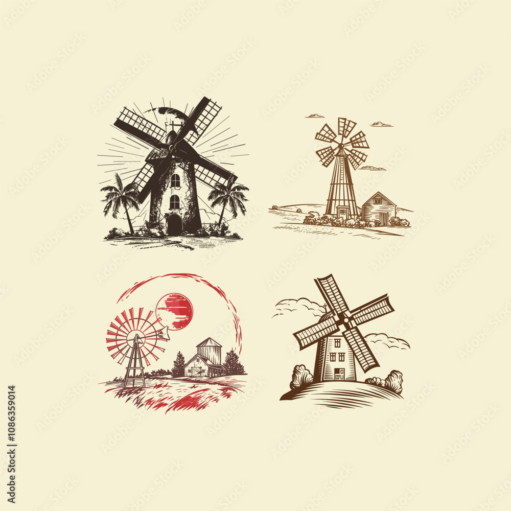 Obraz premium Windmill in farmland logo design vector vintage