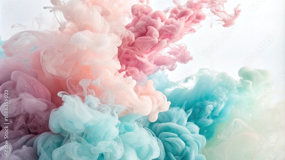 Fototapeta premium Pastel hues of acrylic colors dissolve in water, creating a soft and dreamy abstract background, watercolor, muted tone, color bleeding