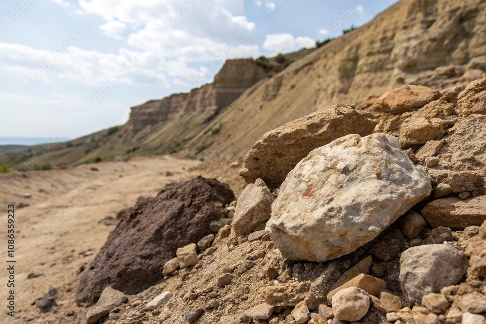 Piece of conglomerate rock partially exposed on the surface of detrital sedimentary rock, geological formations, geology, rocks, sedimentary rock Piece of conglomerate rock partially exposed on the surface of detrital sedimentary rock, geological formations, geology, rocks, sedimentary rock