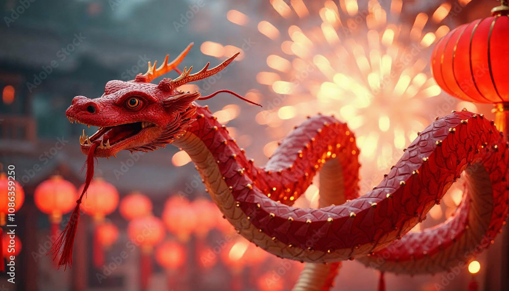 Obraz premium Dynamic depiction of a red snake slithering through traditional Chinese motifs like lanterns and fireworks, incorporating bold geometric elements and modern design, celebrating Lunar New Year 2025.