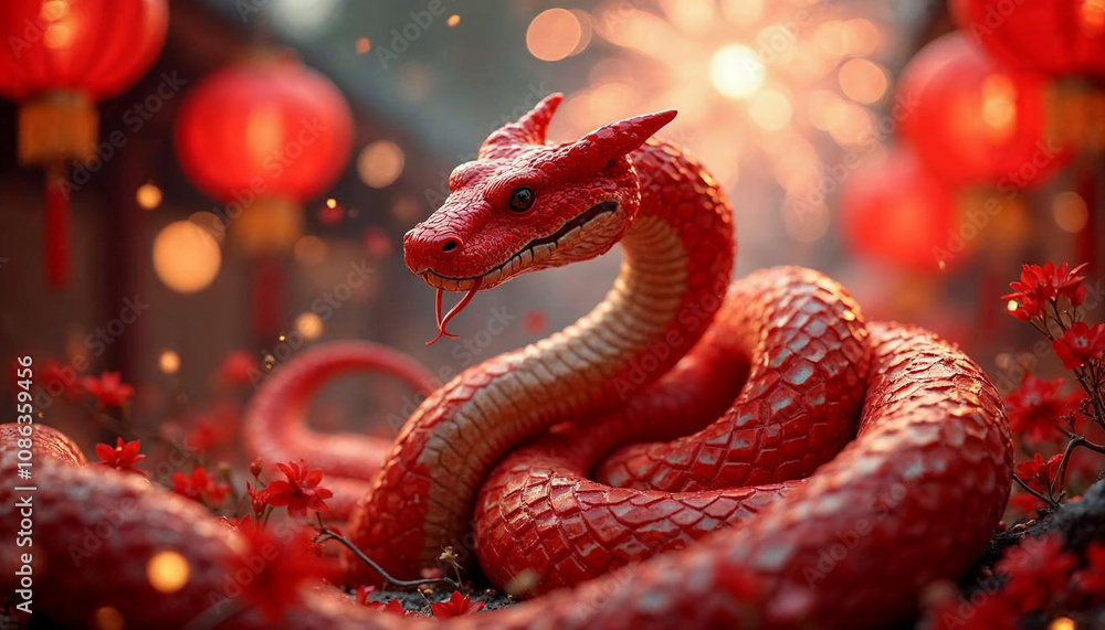 Obraz premium Dynamic depiction of a red snake slithering through traditional Chinese motifs like lanterns and fireworks, incorporating bold geometric elements and modern design, celebrating Lunar New Year 2025.
