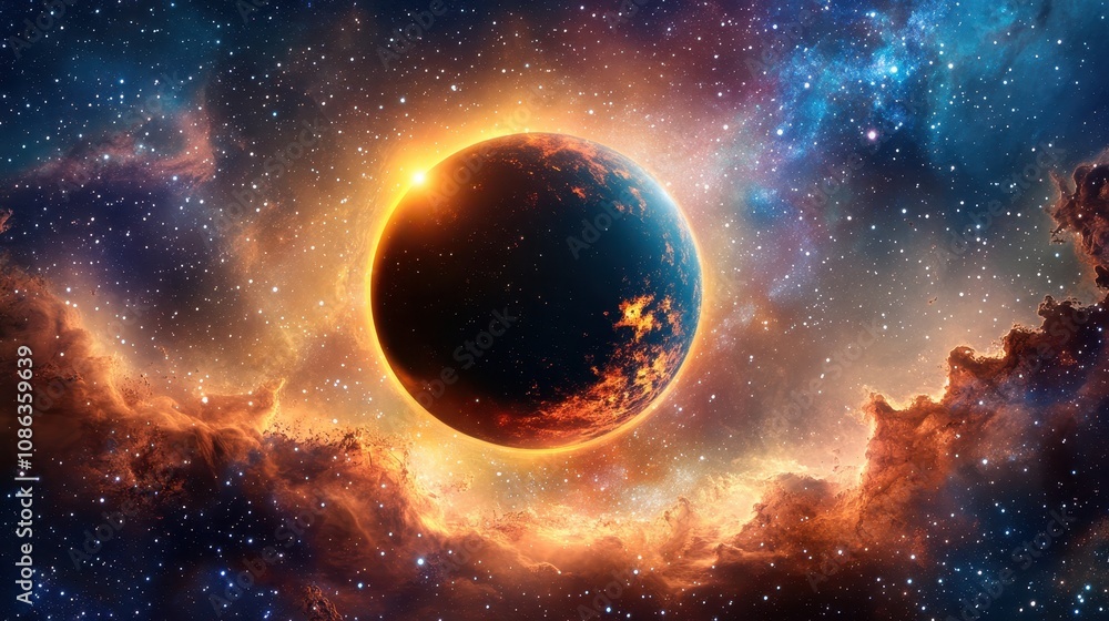 A vibrant cosmic scene featuring a planet surrounded by colorful gases and stars, set against the backdrop of an expansive universe. A vibrant cosmic scene featuring a planet surrounded by colorful gases and stars, set against the backdrop of an expansive universe.