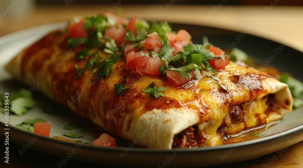 Delicious burrito topped with melted cheese, pico de gallo, and cilantro on a dark plate. Delicious burrito topped with melted cheese, pico de gallo, and cilantro on a dark plate.