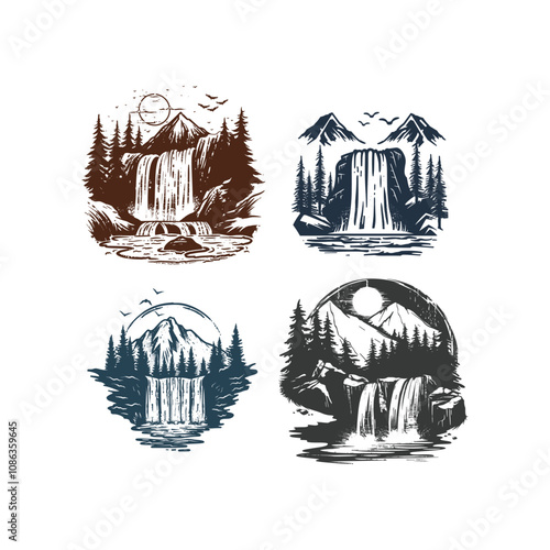 waterfall in the forest design vector vintage template illustration
