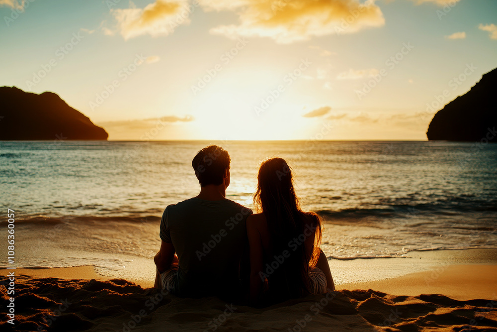 Happy young couple sitting together on beach. watching the glowing sunset over the horizon, sharing a moment of tranquility and connection. Happy young couple sitting together on beach. watching the glowing sunset over the horizon, sharing a moment of tranquility and connection.