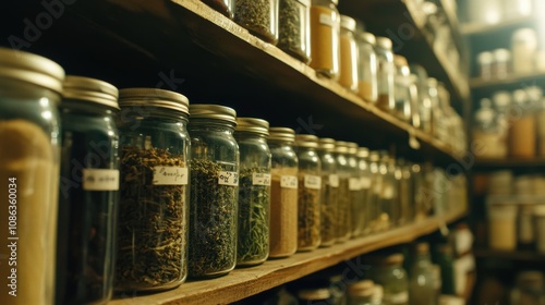 Rustic Spice Rack with Glass Jars Filled with Various Herbs and Spices on Wooden Shelves in a Cozy Kitchen Environment