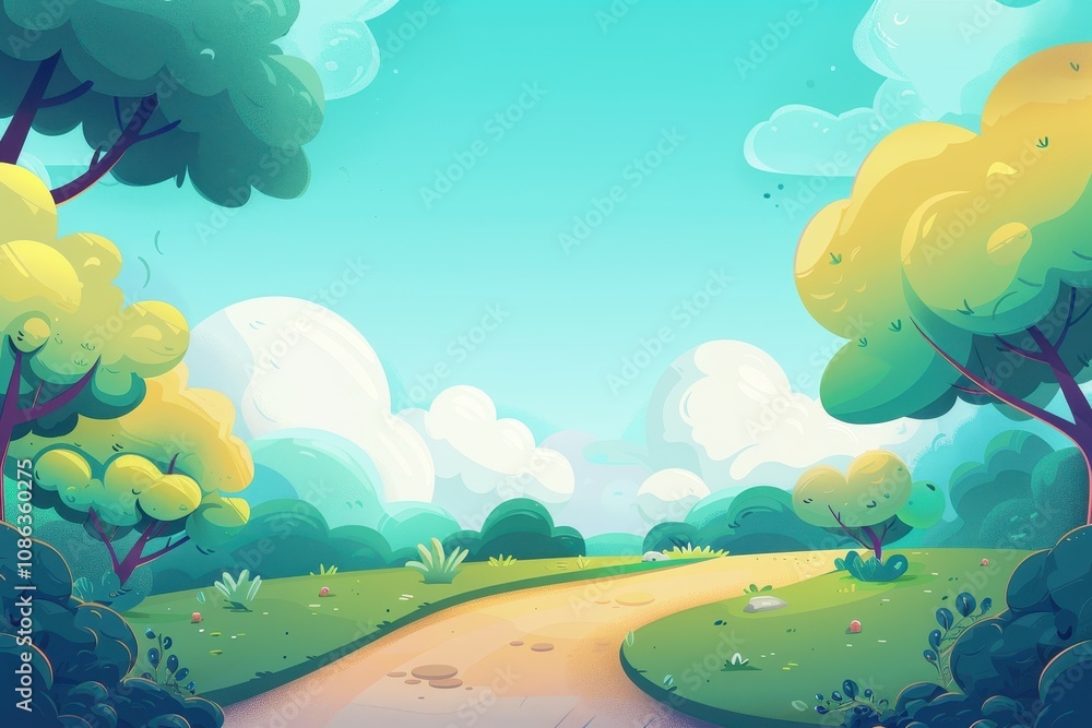 Cartoon Landscape with Winding Path, Trees, and Clouds Cartoon Landscape with Winding Path, Trees, and Clouds