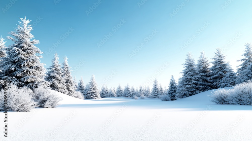 Serene winter landscape with snow-covered trees and clear blue sky. Serene winter landscape with snow-covered trees and clear blue sky.