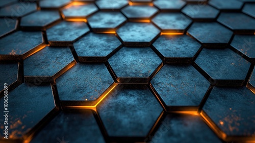 A close-up view of hexagonal metallic tiles with glowing edges, creating a futuristic aesthetic.