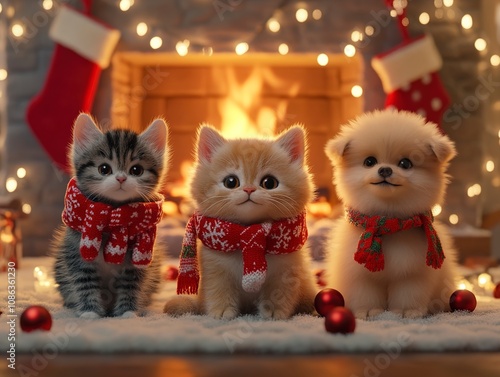 Adorable Kittens and Puppy by Fireplace at Christmas