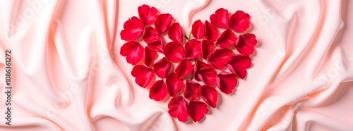 Red petal heart on soft pink fabric background