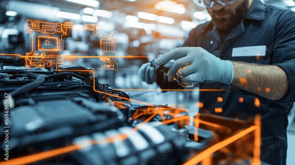 Advanced Technology in Electric Car Workshop - Technician Inspecting Braking System with Protective Gear Advanced Technology in Electric Car Workshop - Technician Inspecting Braking System with Protective Gear