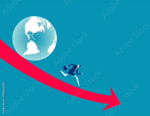 World economic recession, global financial crisis or international stock market crash, investment asset fall down, decline concept, frustrated businessman investor run away from falling down earth.
