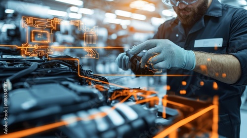 Advanced Technology in Electric Car Workshop - Technician Inspecting Braking System with Protective Gear