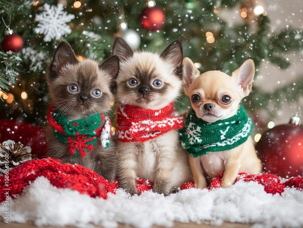 Adorable Kittens and Chihuahua Puppy in Festive Christmas Scarves Under a Snow-Covered Tree Adorable Kittens and Chihuahua Puppy in Festive Christmas Scarves Under a Snow-Covered Tree