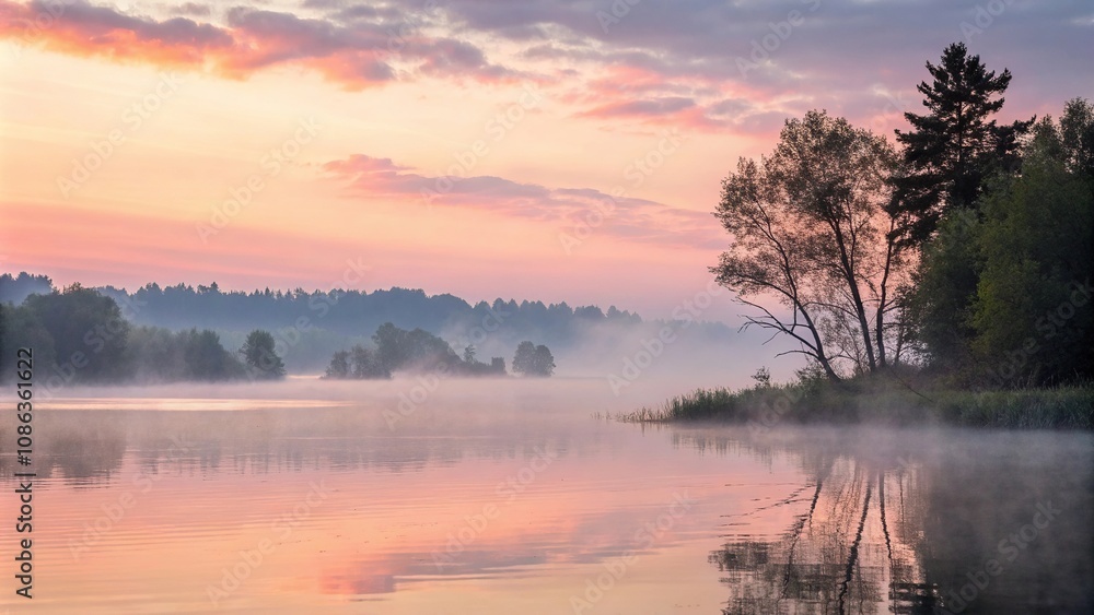 Obraz premium Softly blending gentle watercolors of a serene misty lake at dawn, nature painting, soft colors, morning sky