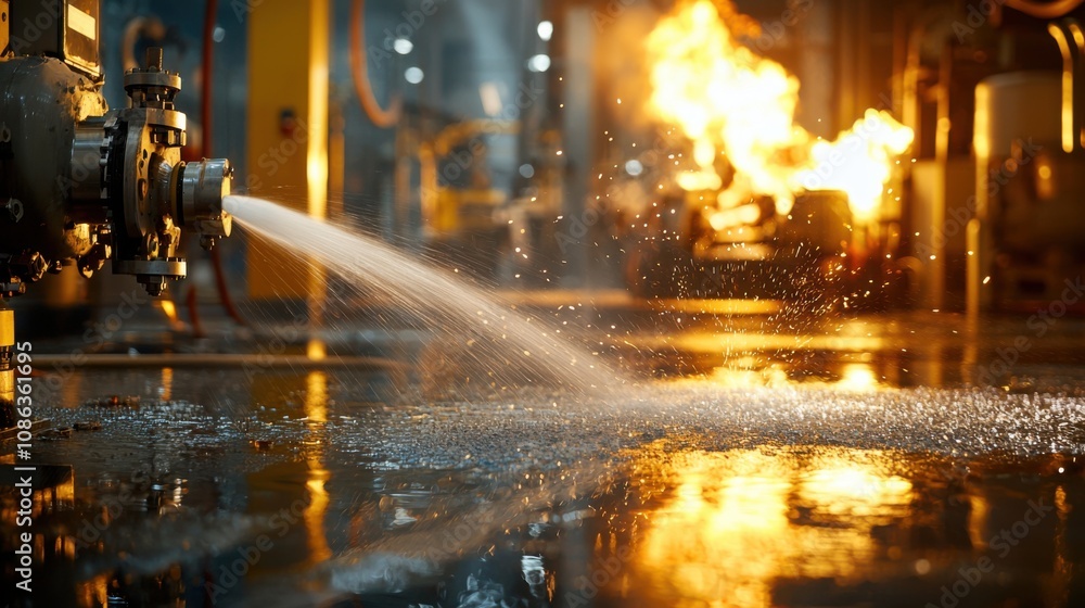 Fototapeta premium Intense Factory Emergency: High-Pressure Water Jet Controlling Fire in Machinery Area