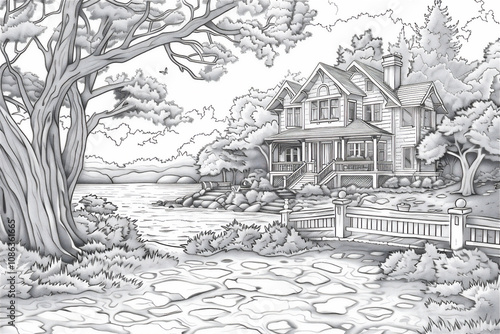 Coloring sketch of house with trees version 55 photo