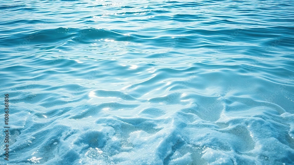 Fototapeta premium Softly undulating waves of oceanic silk gently caress the shore, with each ripple creating a shimmering pathway to an endless blue horizon, silky smooth, ocean surface