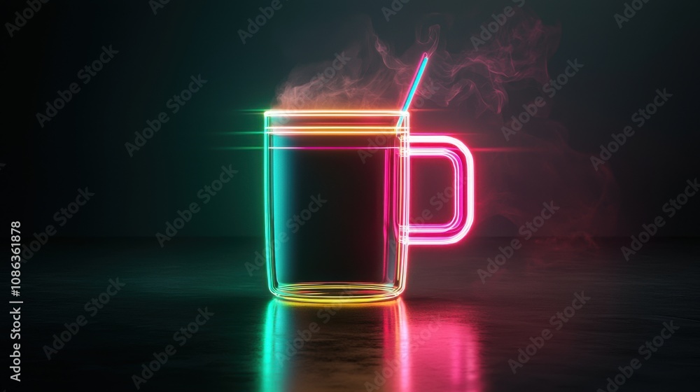 Futuristic Neon Coffee Cup with Minimalist Design and Colorful Accents on Black Surface Futuristic Neon Coffee Cup with Minimalist Design and Colorful Accents on Black Surface