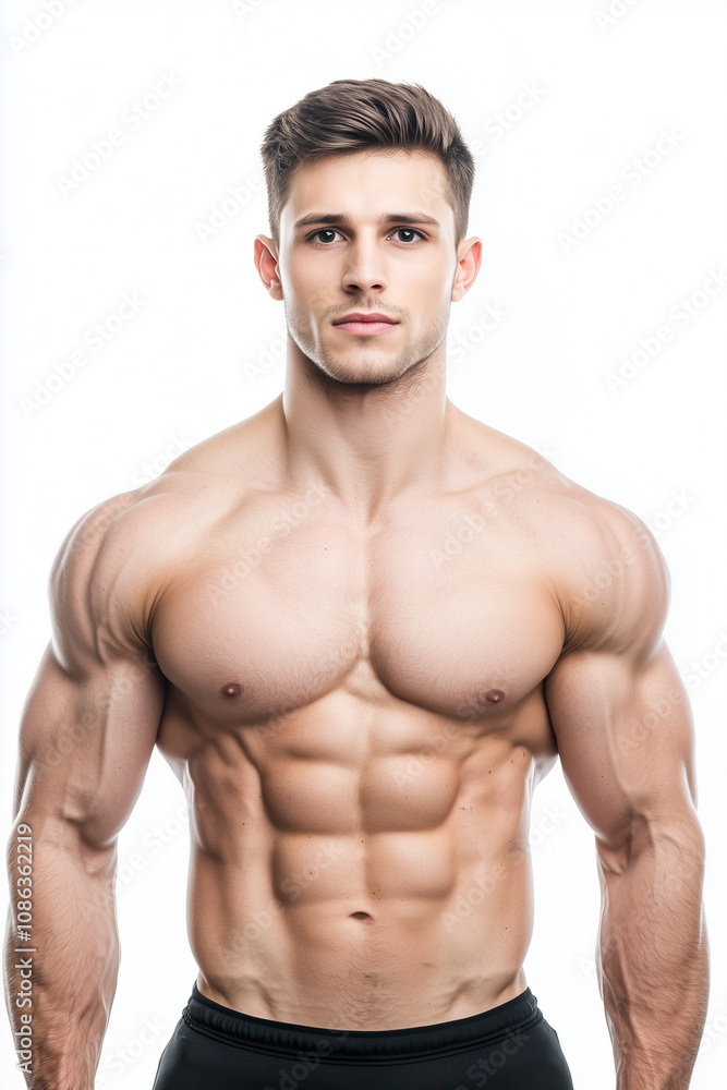 male fitness model shirtless with muscular physique and six pack abs