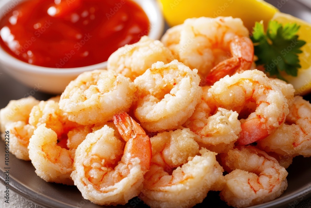 Fried shrimp served with dipping sauce and lemon. Fried shrimp served with dipping sauce and lemon.