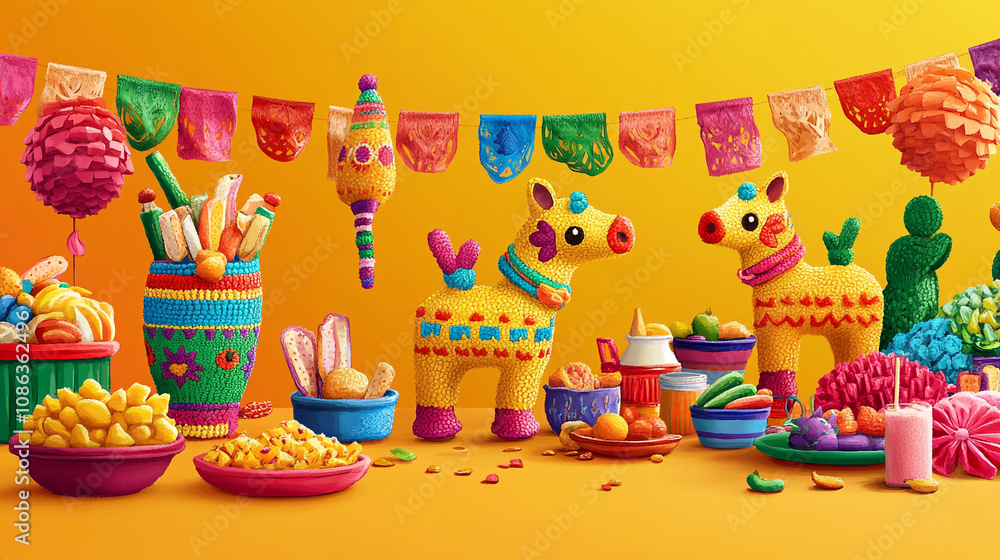 Colorful festive display with piñatas and traditional decorations for a lively celebration Colorful festive display with piñatas and traditional decorations for a lively celebration