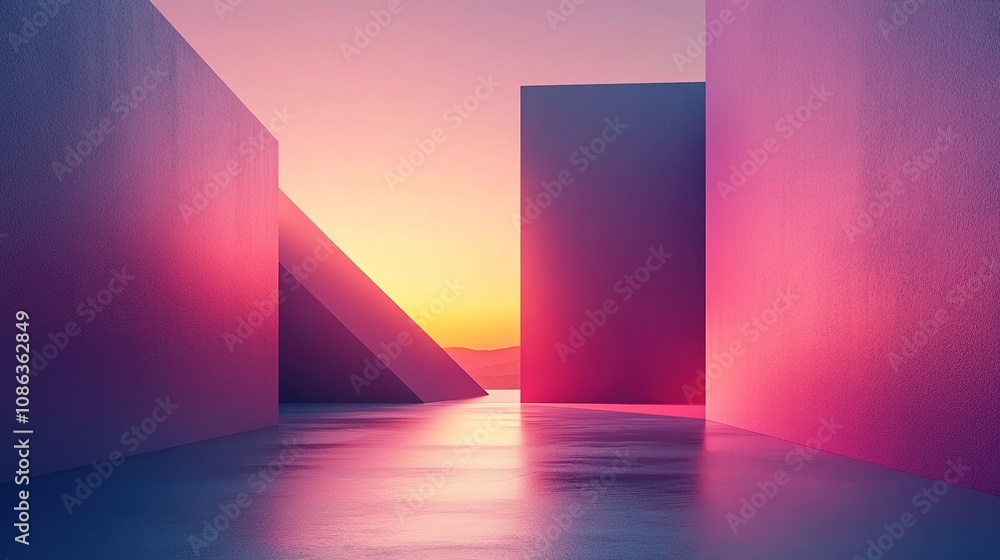 A serene abstract landscape with geometric shapes and a colorful sunset. A serene abstract landscape with geometric shapes and a colorful sunset.