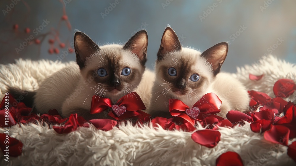 Two Adorable Siamese Kittens with Red Bows on Valentine's Day Two Adorable Siamese Kittens with Red Bows on Valentine's Day
