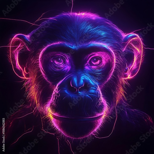 Bright neon monkey face logo against colorful background image photo