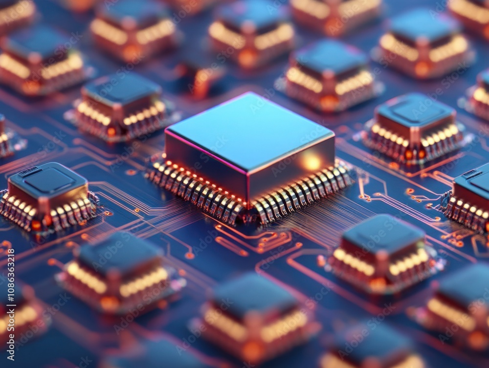 Close-Up View of a Microprocessor Surrounded by Circuitry, Showcasing Advanced Technology and Detailed Design for Electronic Systems and Innovation Close-Up View of a Microprocessor Surrounded by Circuitry, Showcasing Advanced Technology and Detailed Design for Electronic Systems and Innovation