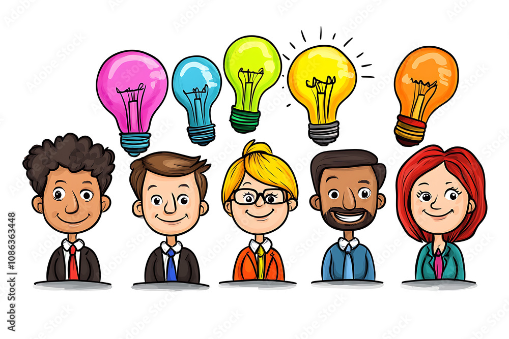 Cartoon characters with light bulbs symbolize ideas and collaboration in a business context. Cartoon characters with light bulbs symbolize ideas and collaboration in a business context.