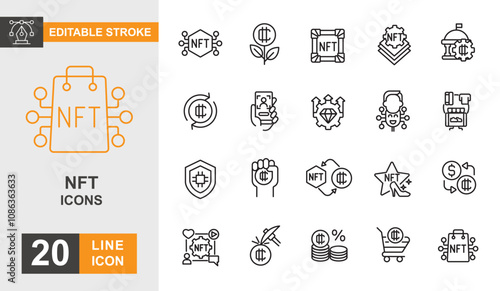 Nft icon set. Money, asset, currency, innovation, internet and more line icon. Editable stroke icon.