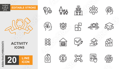 Activity icon set. Family, relaxation, education, sport, healty and more line icon. Editable stroke icon.