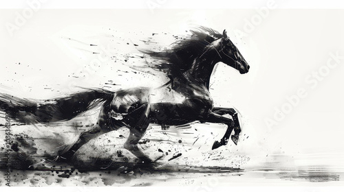 dynamic black horse galloping with expressive ink brush strokes, showcasing motion and energy in minimalist style. artwork captures essence of speed and freedom