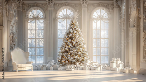 Wallpaper Mural An elegant Christmas tree adorned with white ornaments in a lavishly decorated room, ideal for holiday decorations, marketing materials, or personal holiday greetings. Torontodigital.ca