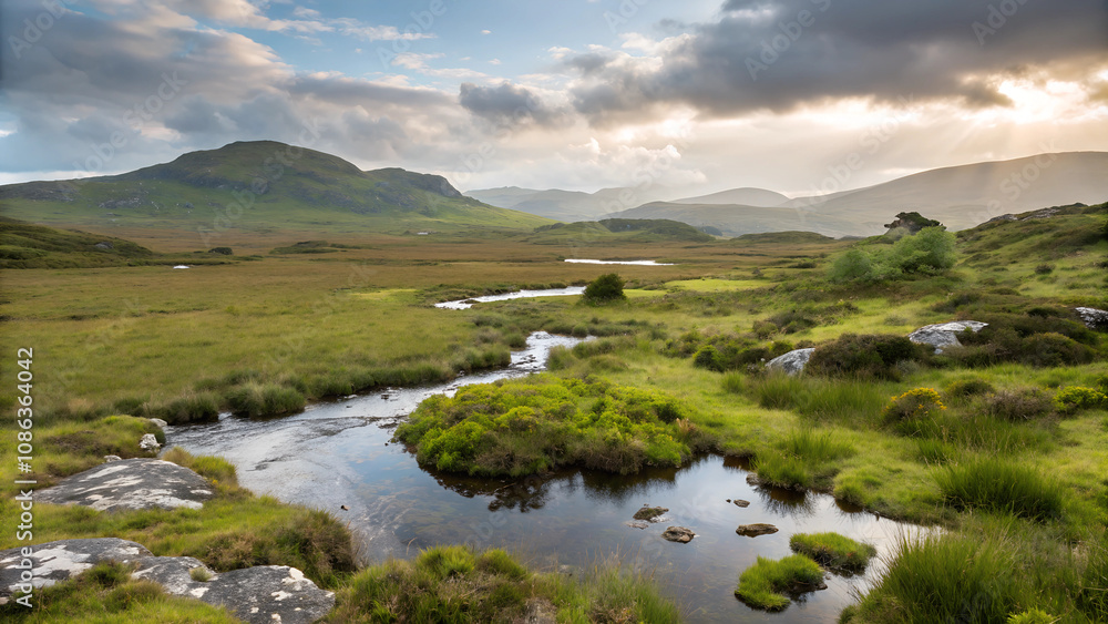 Scenic Irish landscape with a river and hills, tranquil mood, golden hour light
Scenic Irish landscape with a river and hills, tranquil mood, golden hour light
