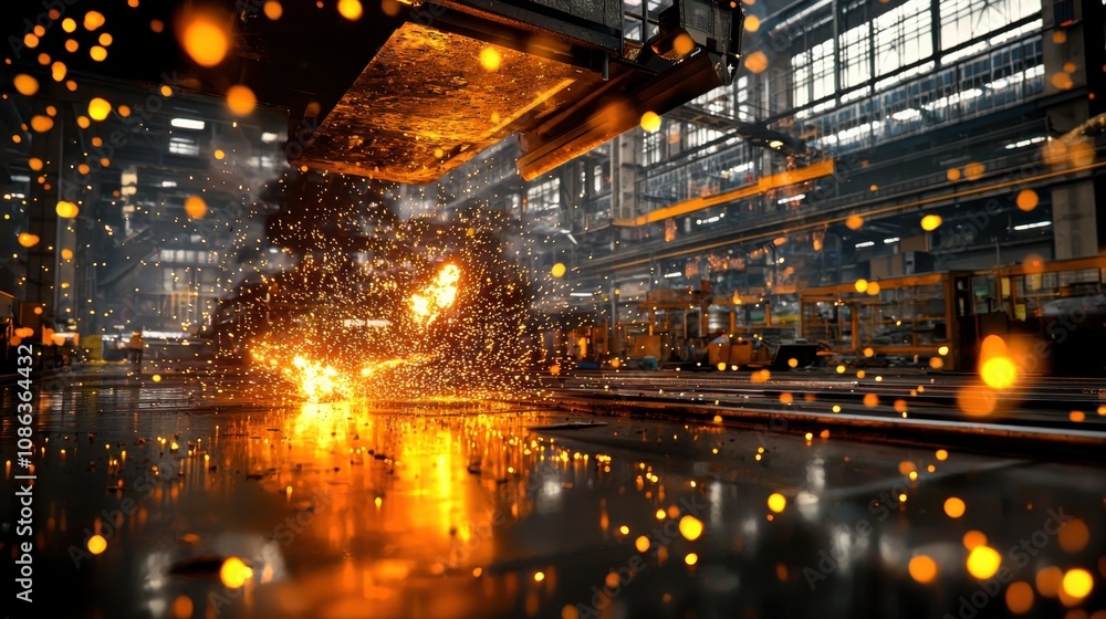 Obraz premium Industrial Steel Pouring Station with Molten Metal Cascading - Factory Production Line in Background