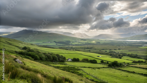 Lush green Irish landscape with rolling hills under dramatic cloudy sky 