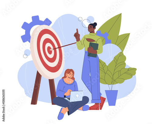 Business team hitting target. Two women near bullseye. Collaboration and cooperation, partnership. Partners work at common project and task. Flat vector illustration isolated on white background
