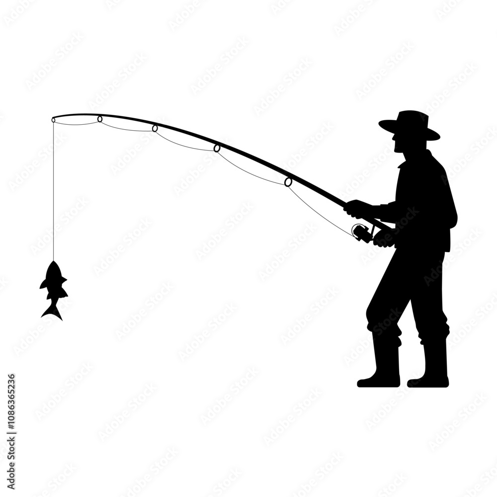 Obraz premium Silhouette of a man in a hat standing fishing