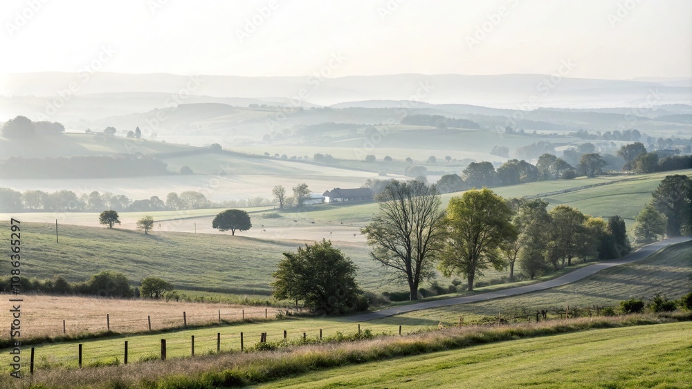 Naklejka premium White Light Blur on Countryside Landscape, peaceful countryside, focus, soft focus