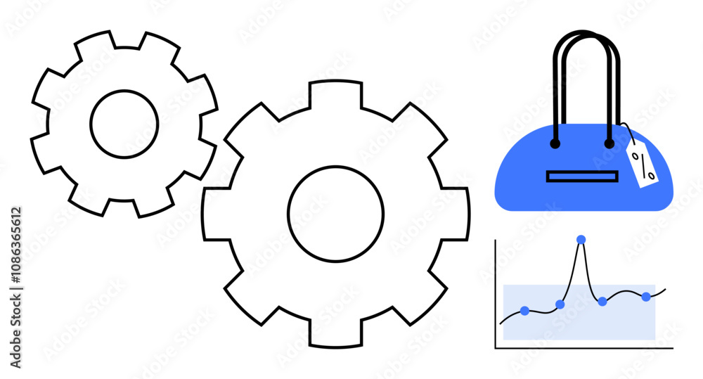 Gears symbolize process efficiency while a blue handbag and data chart indicate business insights. Ideal for business workflow, efficiency, data analysis, retail, e-commerce, productivity, and market