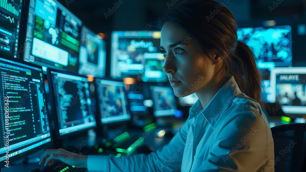 AI cyber security concept. Female IT Computer specialist analyzing artificial intelligence digital threats consumer data privacy breach. Software developer coding & ethical hacking in dark office AI cyber security concept. Female IT Computer specialist analyzing artificial intelligence digital threats consumer data privacy breach. Software developer coding & ethical hacking in dark office