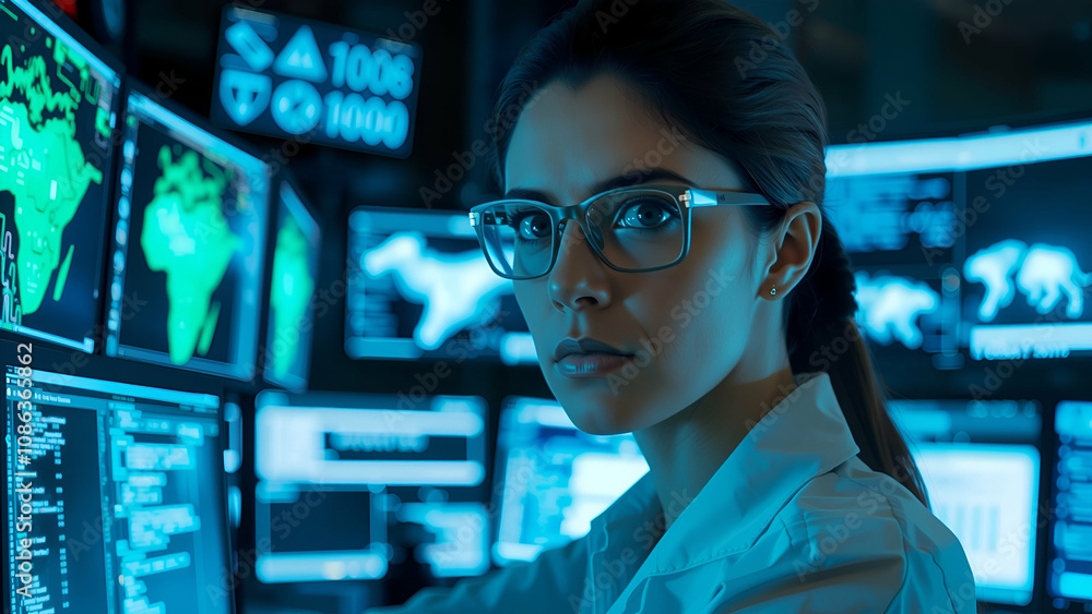AI cyber security concept. Female IT Computer specialist analyzing artificial intelligence digital threats consumer data privacy breach. Software developer coding & ethical hacking in dark office AI cyber security concept. Female IT Computer specialist analyzing artificial intelligence digital threats consumer data privacy breach. Software developer coding & ethical hacking in dark office