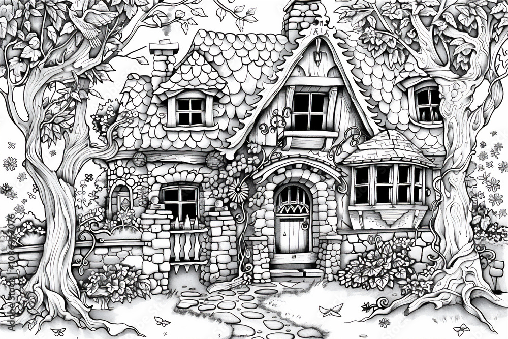 Naklejka premium Coloring sketch of house with trees version 7