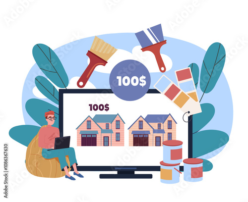 Home remodeling online. Man with laptop selects color of building. Cans of paint and brushes. Renovation and repair. Designer and freelancer. Flat vector illustration isolated on white background