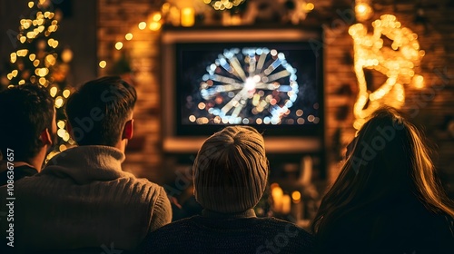 32. A group of friends gathered around a large television watching the New Year is Eve countdown on screen